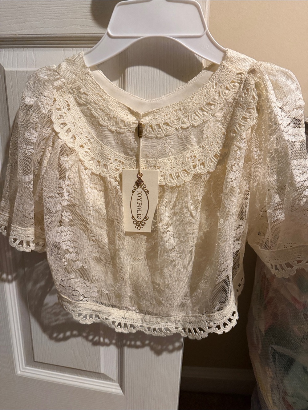 Joyfolie Cream Lace Peasant Blouse